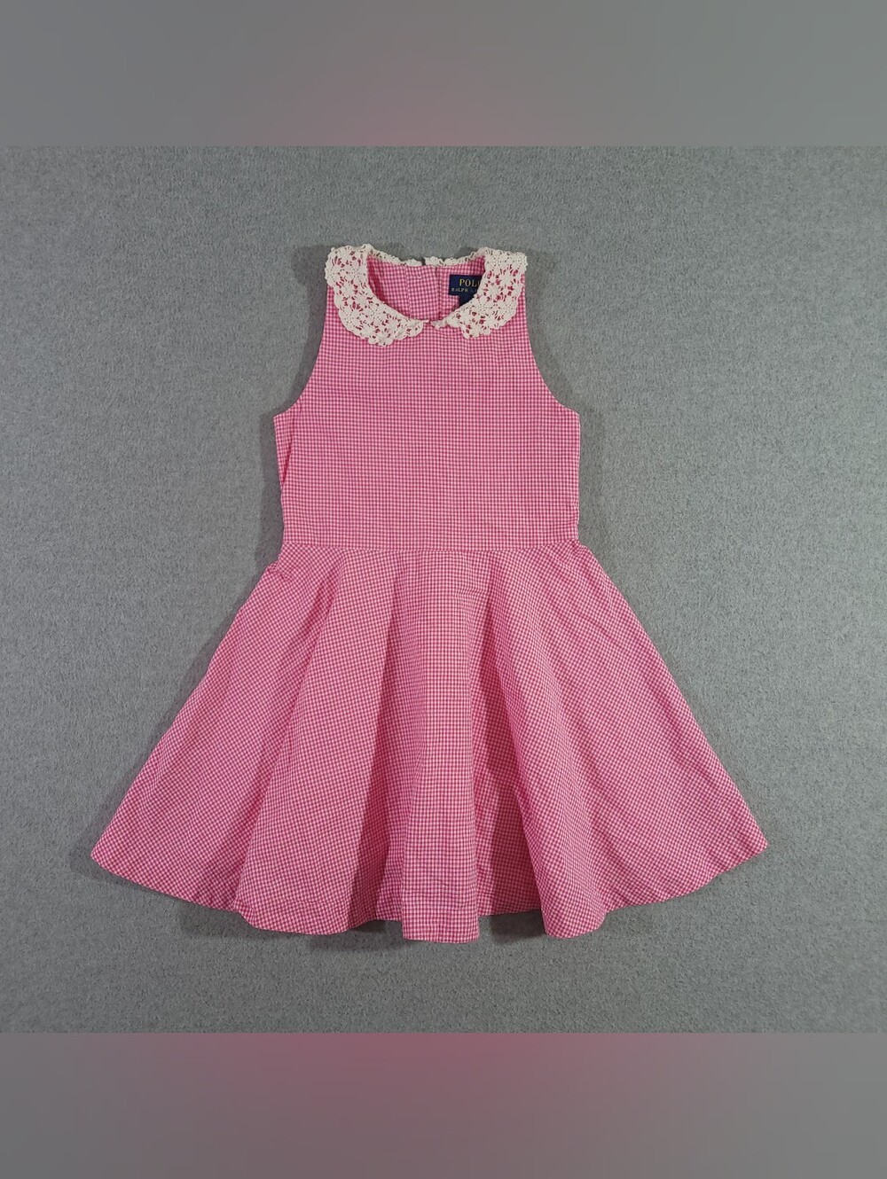 Polo Ralph Lauren Girls Pink Gingham Sleeveless Fit & Flare Dress Lace Collar 5